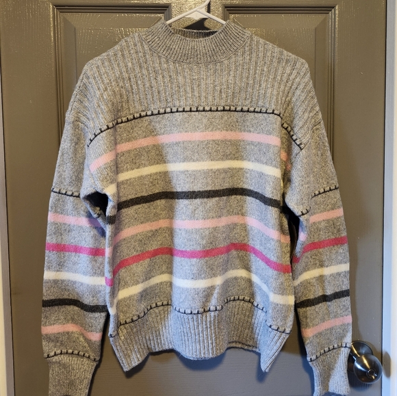 St John's Bay Mock Neck Sweater / Size Large / Gray Stripe - Picture 1 of 3